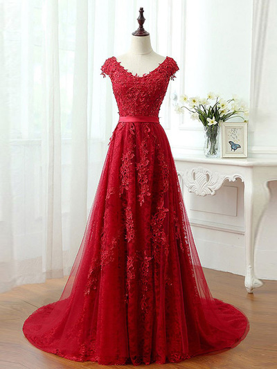 2017 prom dresses,Red A-line Scoop Floor-length Tulle Prom Dresses Evening Dresses SKY184