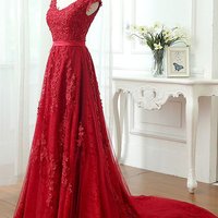 2017 prom dresses,Red A-line Scoop Floor-length Tulle Prom Dresses Evening Dresses SKY184 - Thumbnail 1