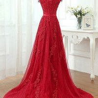 2017 prom dresses,Red A-line Scoop Floor-length Tulle Prom Dresses Evening Dresses SKY184 - Thumbnail 2