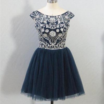 Scoop neck short tulle prom dresses crystals women party dresses