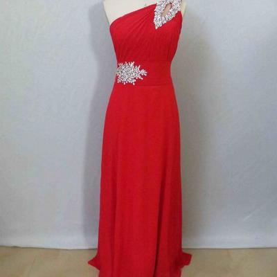 One shoulder long red chiffon prom dresses crystals women dresses - Thumbnail 5
