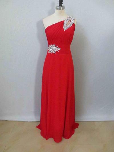 One Shoulder Long Red Chiffon Prom Dresses Crystals Women Dresses