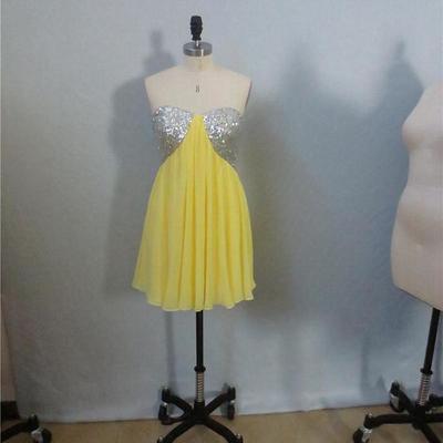 Short yellow chiffon prom dresses sequin lace women dresses - Thumbnail 4