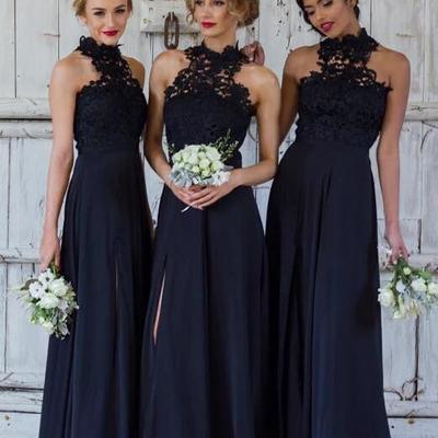 Navy blue split side chiffon bridesmaid dresses for wedding - Thumbnail 5