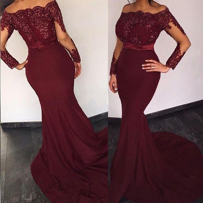 Long sleeves mermiad chiffon prom dresses lace appliques beaded women dresses - Thumbnail 3