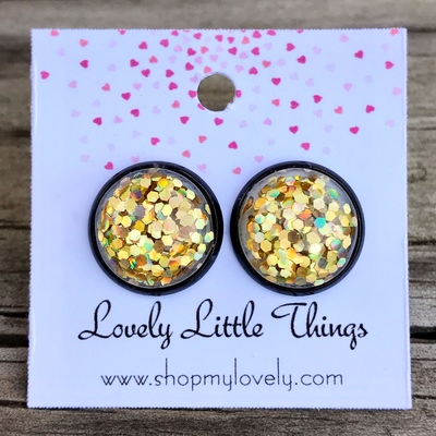 12mm gold glitter studs with black setting 