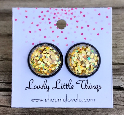 12mm Gold Glitter Studs with Black Setting 