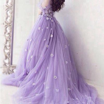 Romantic lavender short sleeves tulle flowers prom evening dresses long plus size floral prom gowns e03