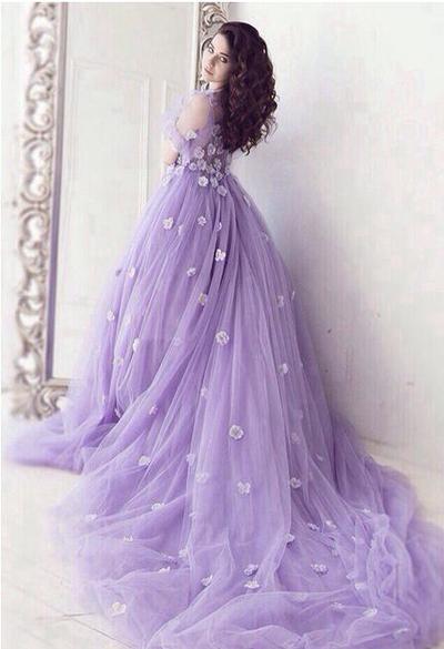 Romantic Lavender Short Sleeves Tulle Flowers Prom Evening Dresses Long Plus Size Floral Prom Gowns E03