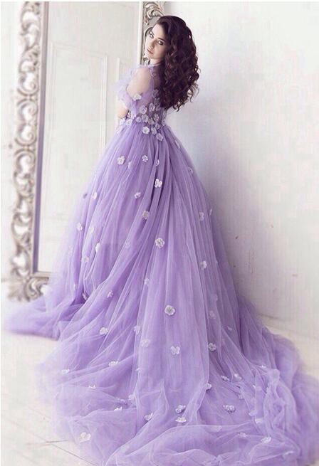 Romantic Lavender Short Sleeves Tulle Flowers Prom Evening Dresses Long Plus Size Floral Prom Gowns E03