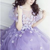 Romantic Lavender Short Sleeves Tulle Flowers Prom Evening Dresses Long Plus Size Floral Prom Gowns E03 - Thumbnail 1