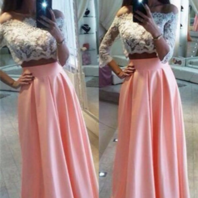 Half sleeves satin prom dresses white lace women party dresses - Thumbnail 4