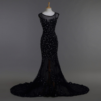 Scoop neck Mermaid Black Tulle Prom Dresses Lace Appliques Women Dresses - Thumbnail 1