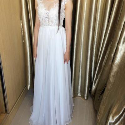 Scoop neck long white chiffon prom dresses lace women party dresses