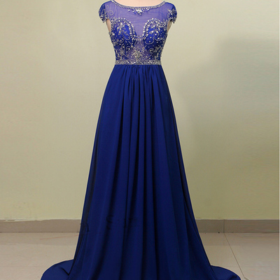 Scoop neck royal blue chiffon prom dresses crystals women party dresses - Thumbnail 5