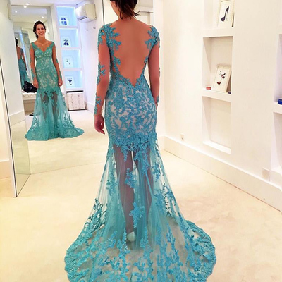 Scoop neck sheath lace prom dresses long sleeves women party dresses - Thumbnail 3