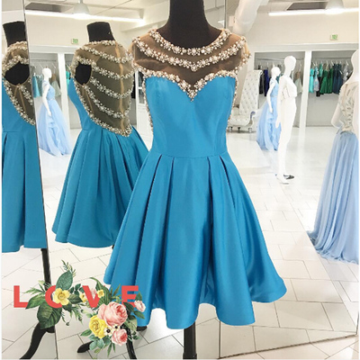 Scoop neck short satin prom dresses crystals beaded women dresses