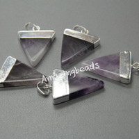 Silver Plated Triangle Natural Stone Quartz Pendant - 5PCS - Thumbnail 4