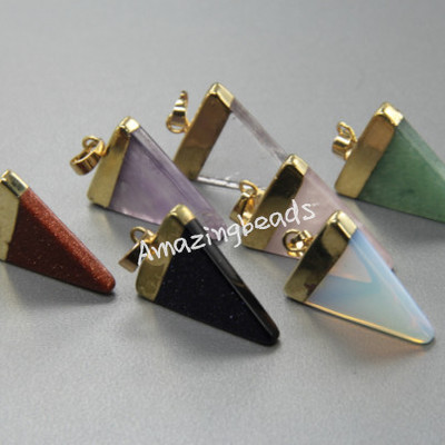 Silver plated triangle natural stone quartz pendant - 5pcs