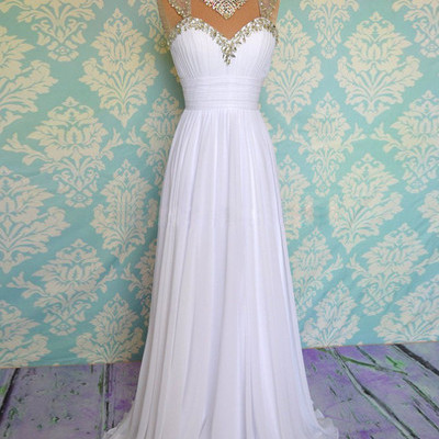 Scoop neck long white chiffon prom dresses crystals women party dresses - Thumbnail 5