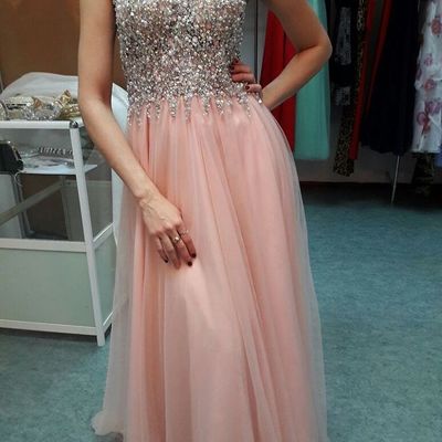 Scoop neck long pink tulle prom dresses crystals beaded women dresses - Thumbnail 5