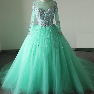 Long Sleeves A-line Tulle Prom Dresses Crystals Women Party Dresses