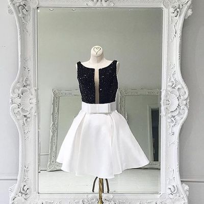 Scoop neck white satin prom dresses beaded women dresses - Thumbnail 5