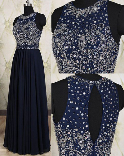 Scoop Neck A-line Chiffon Prom Dresses Crystals Beaded Women Dresses