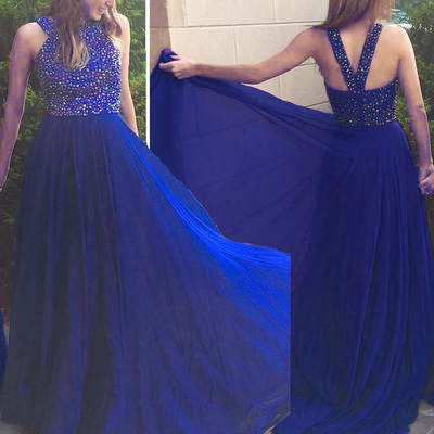 Royal blue chiffon prom dresses crystals women party dresses