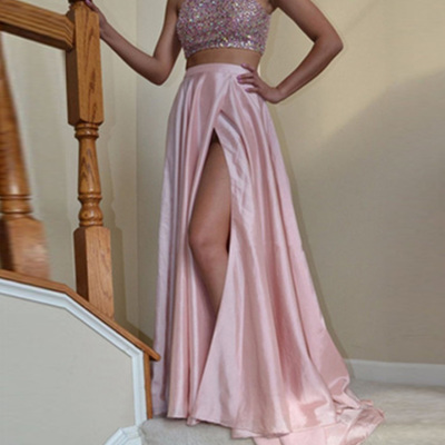 Two pieces pink satin prom dresses halter neck crystals women dresses - Thumbnail 4