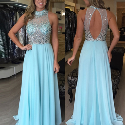 Halter neck a-line chiffon prom dresses crystals beaded women dresses