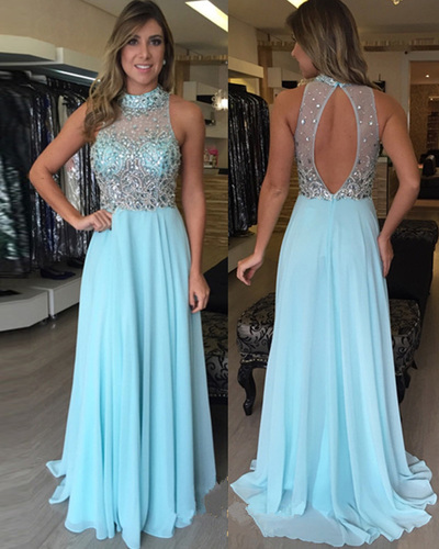 Halter Neck A-line Chiffon Prom Dresses Crystals Beaded Women Dresses