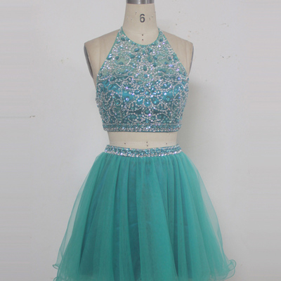 Halter neck tulle prom dresses two pieces crystals women dresses
