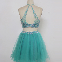 Halter Neck Tulle Prom Dresses Two Pieces Crystals Women Dresses - Thumbnail 1