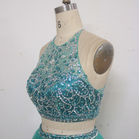 Halter Neck Tulle Prom Dresses Two Pieces Crystals Women Dresses - Thumbnail 3