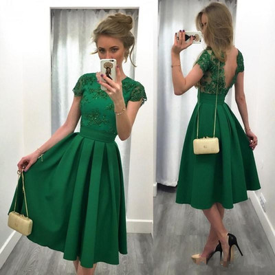 Short sleeves green satin prom dresses lace beaded women dresses - Thumbnail 4
