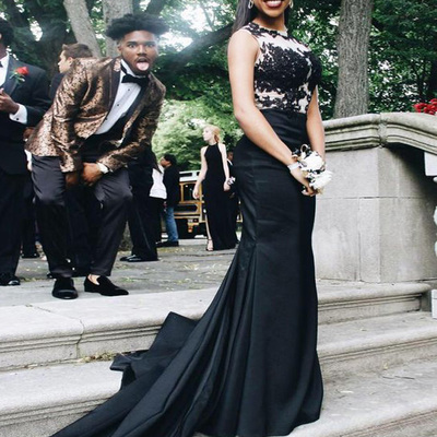 Mermaid black long satin prom dresses scoop neck women dresses