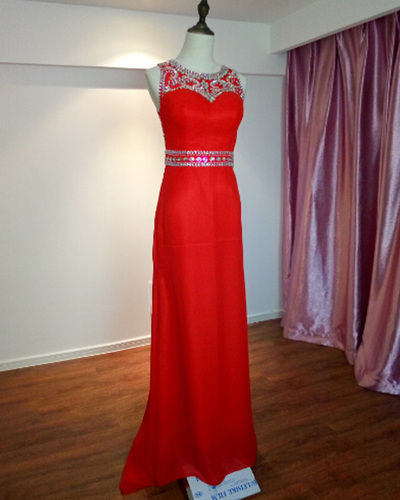 Scoop Neck Sheath Red Chiffon Prom Dresses Crystals Women Party Dresses