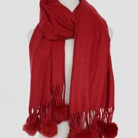 Fuzzy Ball Pendant Shawl Scarf - Wine Red - Thumbnail 1