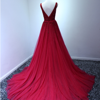 V-neck long tulle prom dresses beaded floor length women dresses