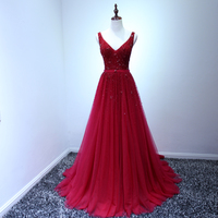 V-neck Long Tulle Prom Dresses Beaded Floor Length Women Dresses - Thumbnail 1