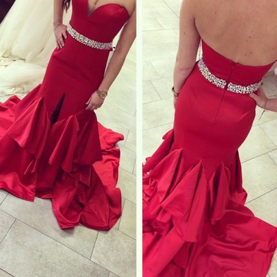 Sweetheart neck red mermaid satin prom dresses crystal belt women party dresses