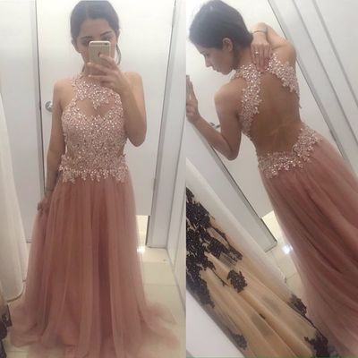 Backless a-line tulle prom dresses lace beaded women party dresses - Thumbnail 4