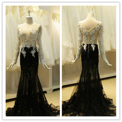 Scoop neck long tulle prom dresses long sleeves women dresses - Thumbnail 4