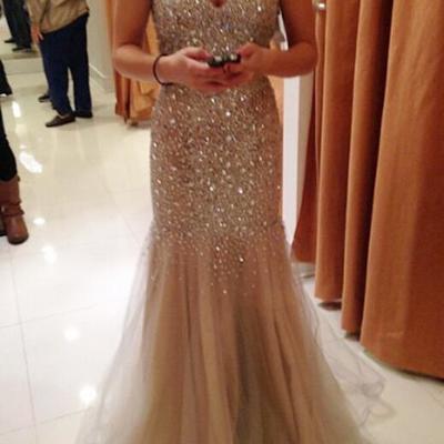 Shining crystals mermaid tulle prom dresses sweetheart neckline women party dresses - Thumbnail 4