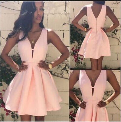 V-neck Pink Satin Prom Dresses Short Lovely Women Dresses
