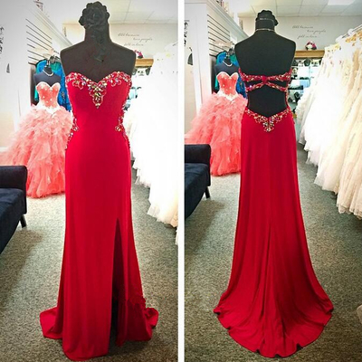 Sweetheart neck long red chiffon prom dresses crystals women party dresses - Thumbnail 4