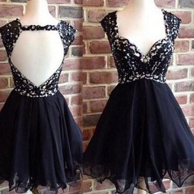 V-neck short chiffon black women party dresses