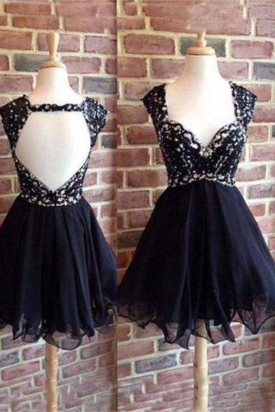 V-neck Short Chiffon Black Women Party Dresses