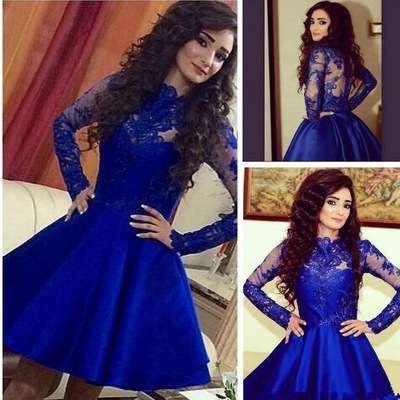 Long Sleeves Royal Blue Satin Prom Dresses women Party Dresses